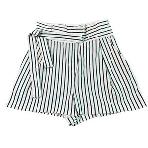 Zara Trafaluc Black White Stripe Shorts Paper Bag High Waist w/ Belt Size Small